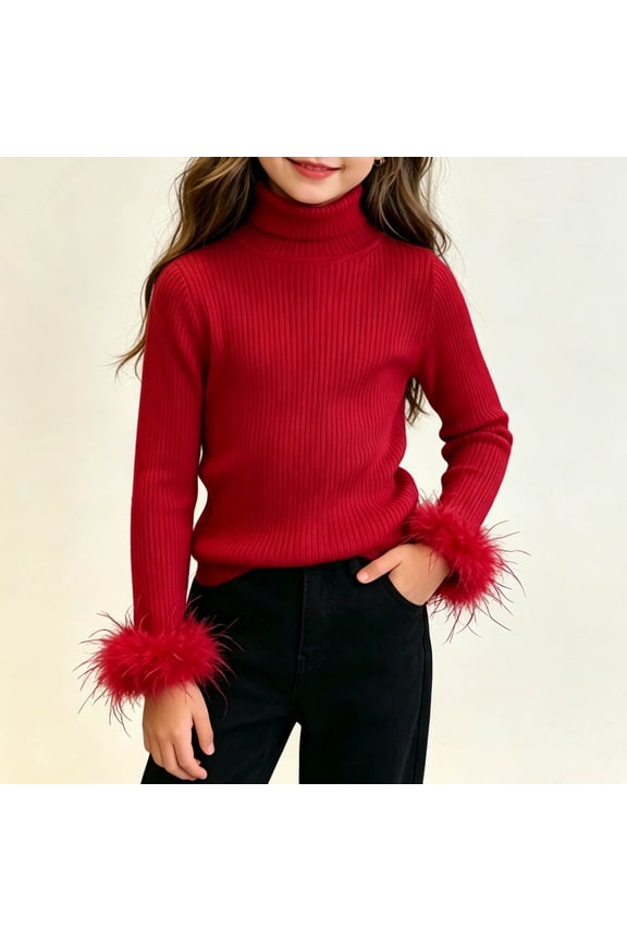 Girls Turtleneck Ribbed Knit Sweater Furry Cuff Long Sleeve Slim Base Layer Tops Kids ,Cotton ,Toddler