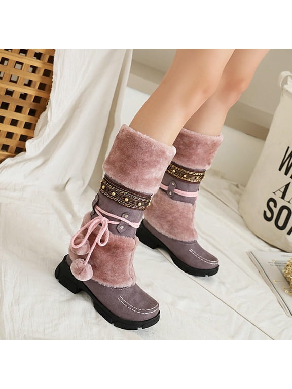 Gogo Boots, Boots Slip-On Snow Boots Velvet Cotton Boots Warm Solid Cotton Shoes Plush Ball Ethnic Knight Boots Heeled Boots For Women Wide Calf Boots