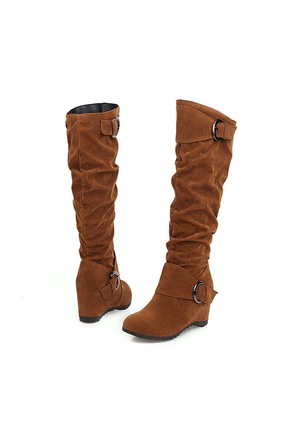 Gogo Boots, Wedge Height Increase Shoes High Heel Casual Solid Color Slip-On Winter Warm Belt Buckle Knee-Length Knight Boots Combat Boots Wide Calf Boots For Women