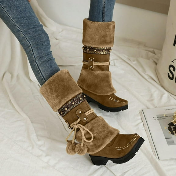 Tawop High Heel Boots For Women, Boots Slip-On Snow Boots Velvet Cotton Boots Warm Solid Cotton Shoes Plush Ball Ethnic Knight Boots Black Boots Rainboots