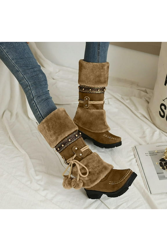 High Heel Boots For Women, Boots Slip-On Snow Boots Velvet Cotton Boots Warm Solid Cotton Shoes Plush Ball Ethnic Knight Boots Black Boots Rainboots