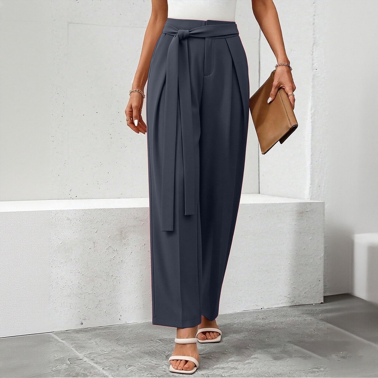 high waisted belted dress pants Tawop High Waisted Belted Wide Leg Dress Pants for Women Loose Straight Trousers Fashion Formal Slacks, Women's, Size: Small, Gray