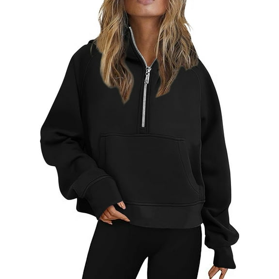 Tawop Hoodie Tops for Women Womens Sweatshirts Long Sleeve Pullover Fleece Coats Quarter Zip Crop Black 5XL