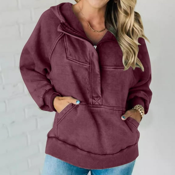 Tawop Hoodie Women Tops Womens Sweatshirts Pullover Pockets Quarter Zip Wine XL