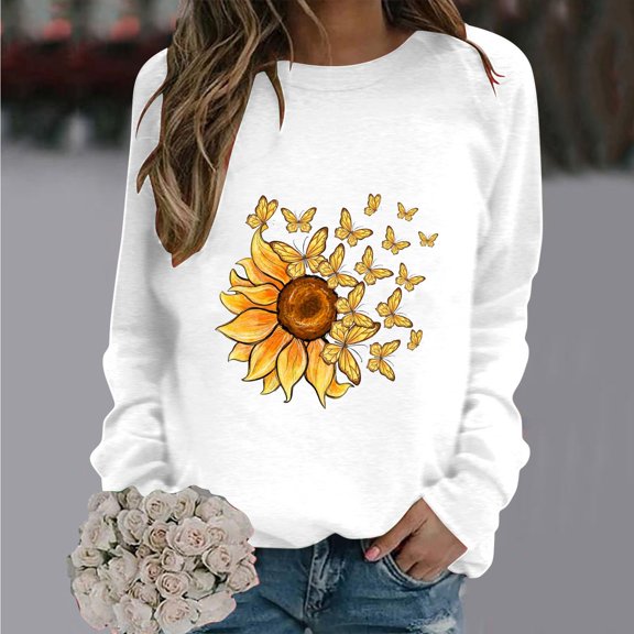 Tawop Hoodless Sweatshirt Tops Sweatshirt Crew Neck Long Sleeve Graphic Casual White S
