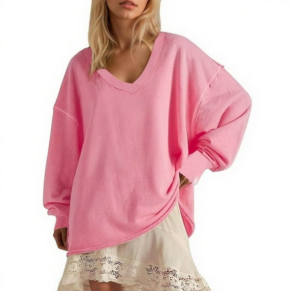 Tawop Hoodless Sweatshirt Women Tops Sweatshirt Long Sleeve V Neck Solid Pink S
