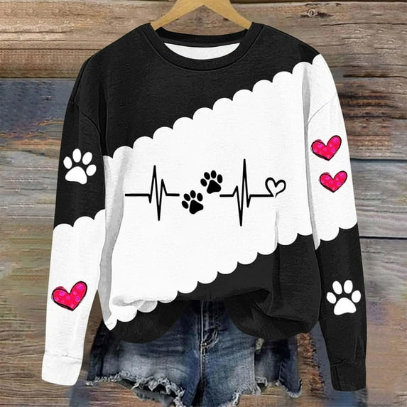Tawop Hoodless Sweatshirt Women Tops Sweatshirts for Women Crew Neck Long Sleeve Pullover Graphic Heart Dog Black M