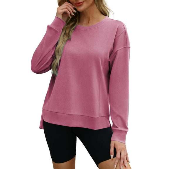 Tawop Hoodless Sweatshirt Womens Tops Sweatshirt Crew Neck Long Sleeve Pullover Solid Casual Pink XL