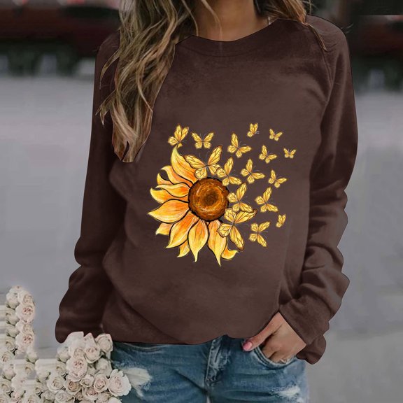 Tawop Hoodless Sweatshirt for Women Tops for Women Womens Sweatshirts Crew Neck Long Sleeve Graphic Casual Brown 2XL