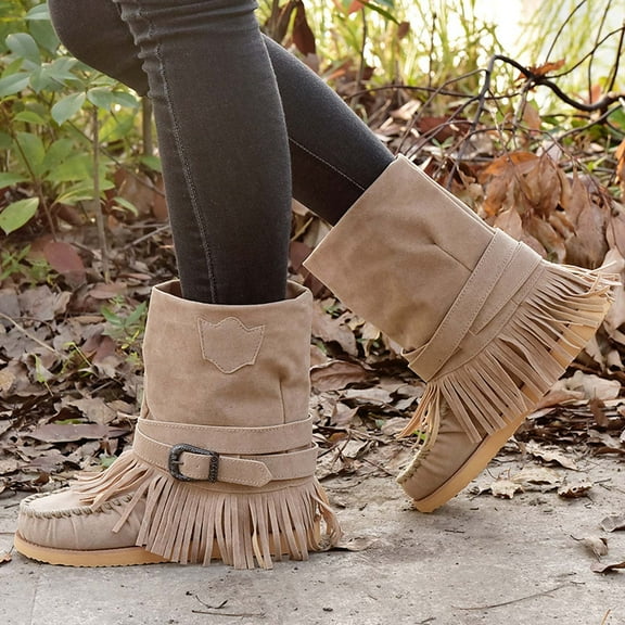 Tawop Hunter Boots,Tassel Boots For Suede Ankle Booties Winter Round Toe Vintage Fringe Mid-Calf Flat Shoes Combat Boots Womens Girls Winter Boots