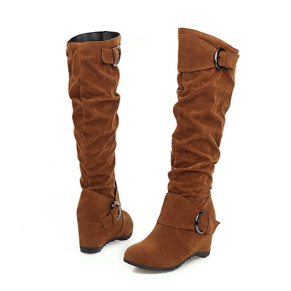 Tawop Hunter Boots Women, Wedge Height Increase Shoes High Heel Casual Solid Color Slip-On Winter Warm Belt Buckle Knee-Length Knight Boots Knee High Boots Women Wide Calf Martens Womens Boots