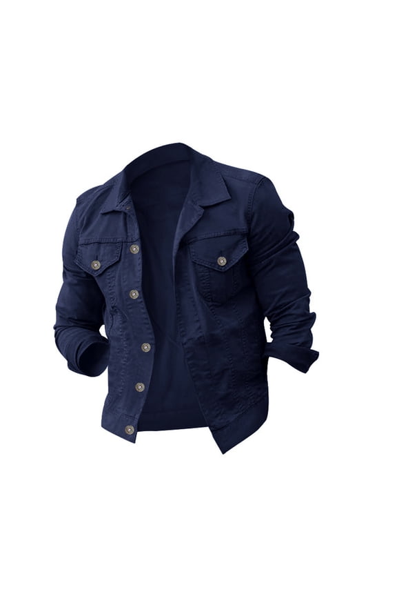 Jacket Men Denim Long Sleeve Hoodless Pockets Solid Mens Clothes,Navy,M