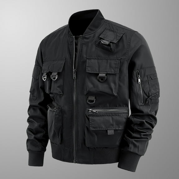 Tawop Jacket Men Military Cargo Stand Collar Baseball Bomber Long Sleeve Zip Hoodless Multi Pockets Casual Solid Winter Jackets for Men,Black,XL