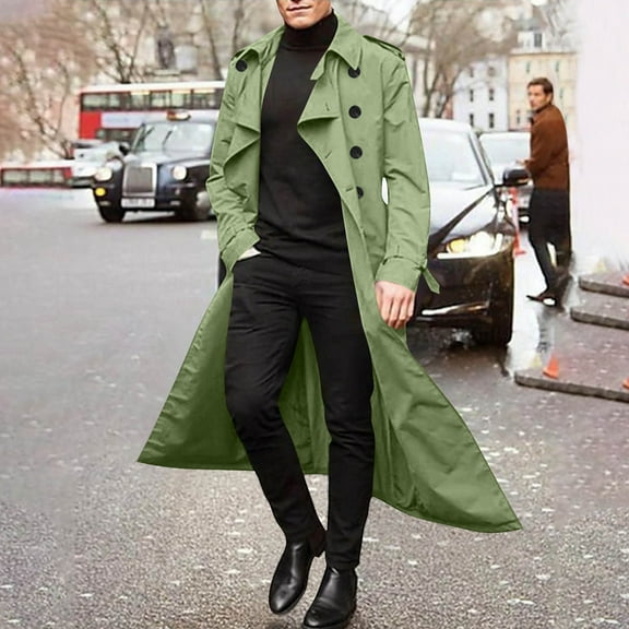 Tawop Jacket Men Trench Coat Long Sleeve Hoodless Casual Long Length Solid Mens Clothing,Green,2XL