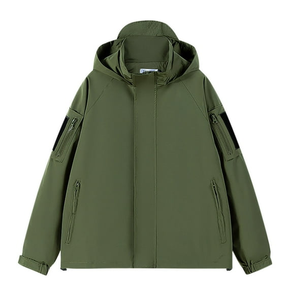 Tawop Jacket Men Wind Breaker Long Sleeve Zip with Hood Pockets Casual Windproof Waterproof Solid Mens Gift,Army Green,2XL