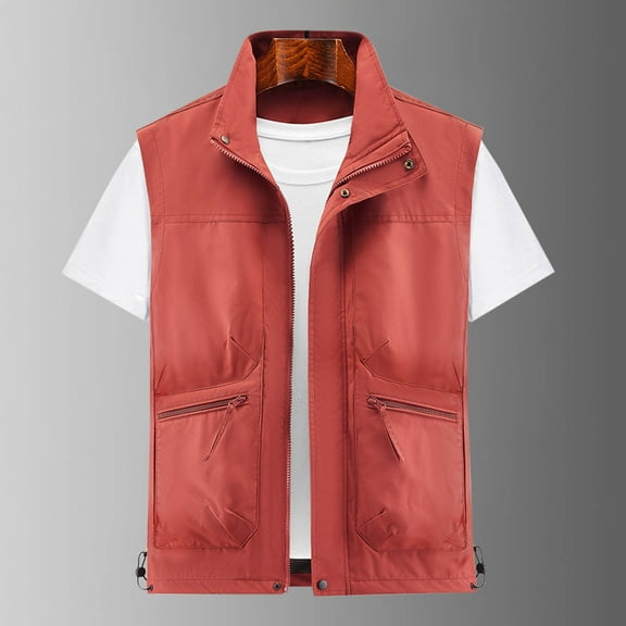 Tawop Jackets for Men Cargo Vest Sleeveless Zip Thin Hoodless Loose Casual Outdoor Hiking Sports Mens Clothing,Red,2XL
