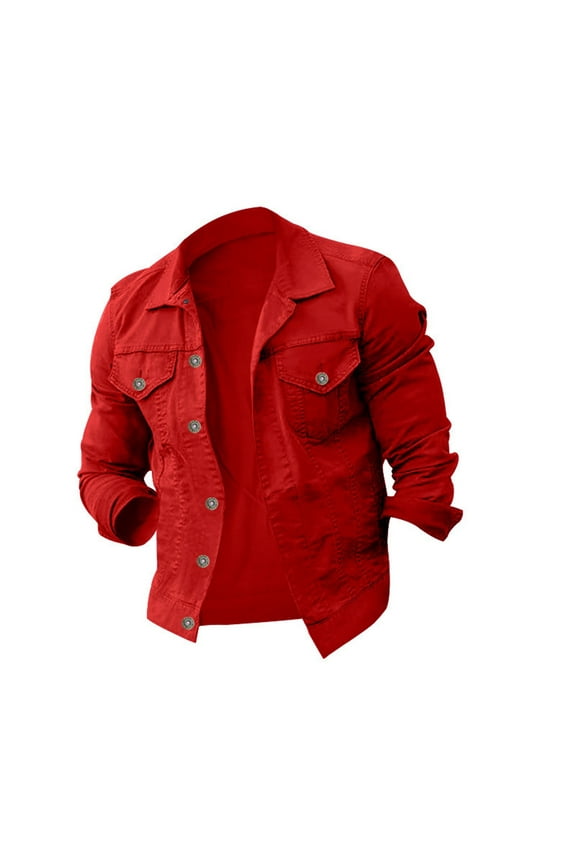 Jackets for Men Denim Long Sleeve Hoodless Pockets Solid Mens Gift,Red,3XL