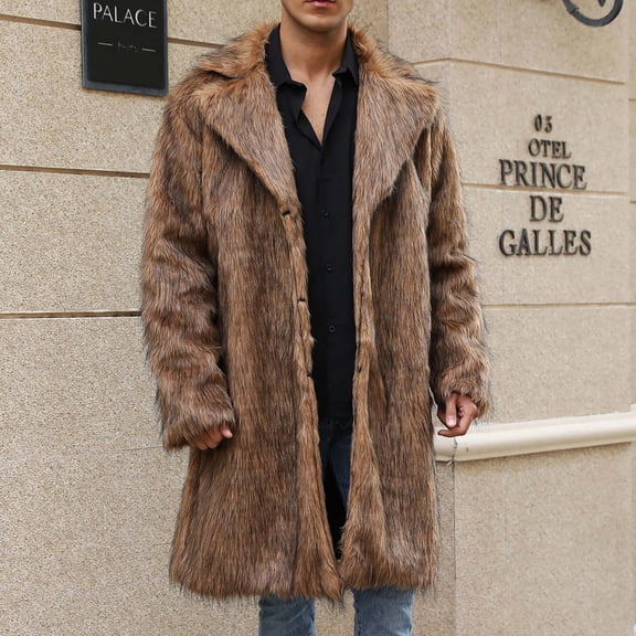 Tawop Jackets for Men Faux Fur Thermal Long Sleeve Solid Mens Winter Coats,Coffee,XL