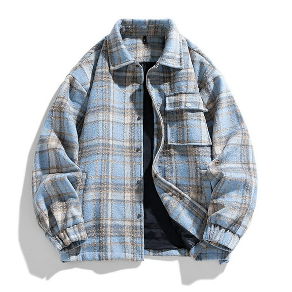 Tawop Jackets for Men Long Sleeve Hoodless Casual Plaid Mens Fall Jackets,Blue,XL