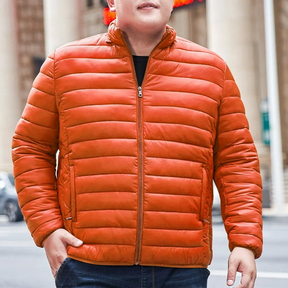 Tawop Jackets for Men Stand Collar Cotton Puffer Long Sleeve Zip Hoodless Pockets Solid Mens Winter Coats,Orange,5XL
