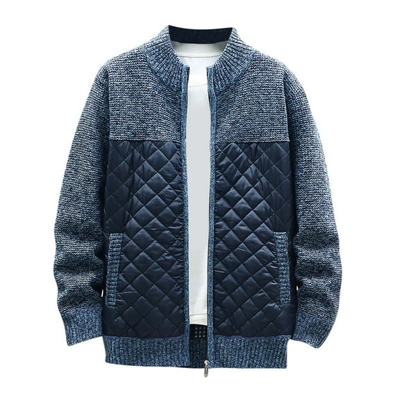Tawop Jackets for Men Thick Stand Collar Long Sleeve Hoodless Casual Knit Color Block Sweaters Mens Clothing,Navy,2XL