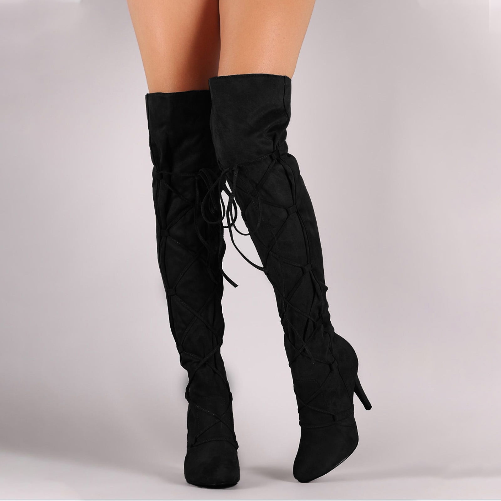 Tawop Knee High Boots Comfortable Suede Lace Side Zipper Over The Knee High Heeled Boots For 8231