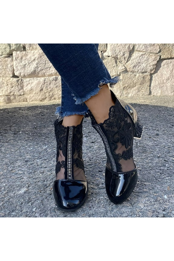 Lacrosse Boots, Ladies Breathable Boots Fashion Hollow Out Lace Chunky High Heel Shoes Black Combat Boots Women Wide Calf Boots For Women