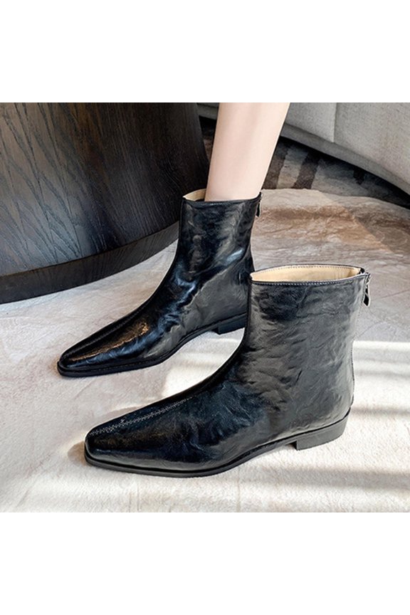 Ladies Boots Ankle Chunky Low Heel Zipper Pointy Toe Winter Black Boots