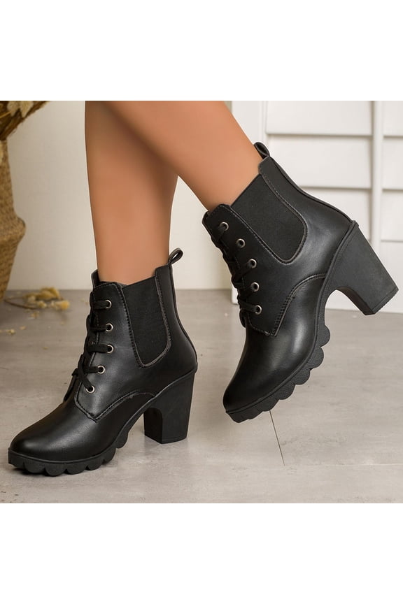 Ladies Boots Chunky Heel Lace Up Winter Round Toe Waterproof Fall Black Boots