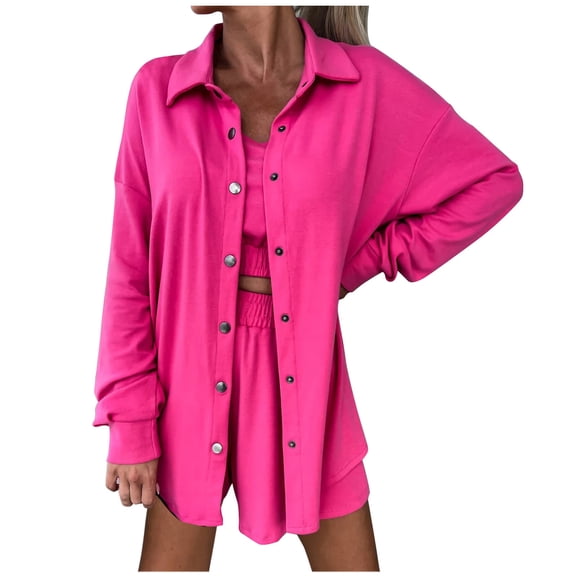 Tawop Ladies Cardigans Autumn 3 Piece Suit Set Cardigan Vest Shorts Long Sleeve V-Neck Top/Shirt Set Hot Pink M