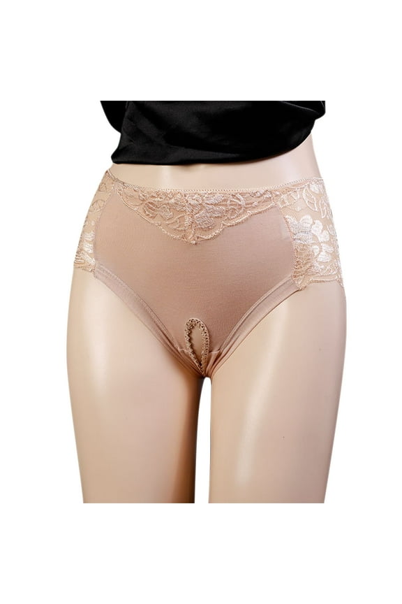 Tawop Ladies Underwear Panties High Waisted Sexy Lace Silk Crotchless Mesh Briefs Panties Size M-3XL