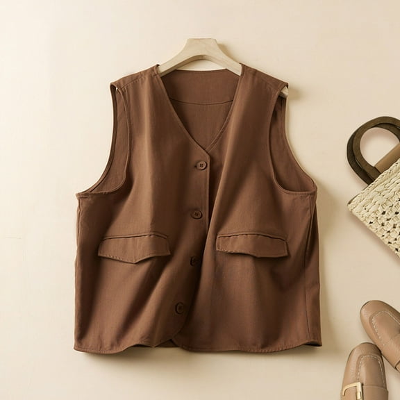 Tawop Ladies Vests Hoodless Denim Casual Cotton Sleeveless Cardigans Cotton Linen Brown Vest M