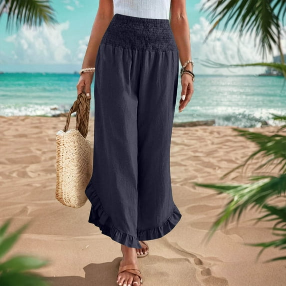 Tawop Linen Pants Women,Wide Leg Pants Woman,Capri Pants for Women,High Waist Elastic Ruffle Bottom