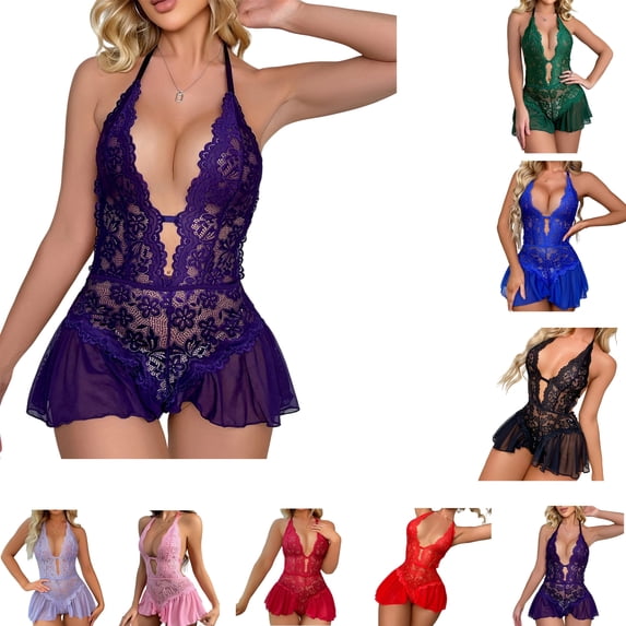 Tawop Lingerie for Women Lace Hollow Out One Piece Deep V Neck Teddy Lingerie Bodysuits