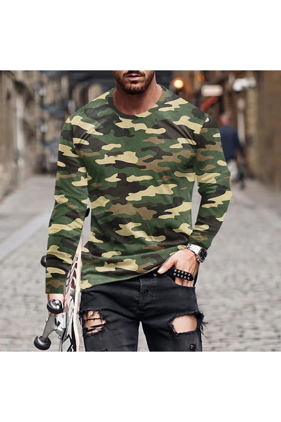 Long Sleeve Shirts for Men Crew Neck Graphic Flag Casual Camouflage M