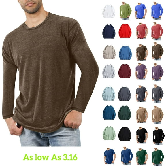 Tawop Long Sleeve Shirts for Men Crew Neck Solid Fitness Cotton Workout Brown 3XL