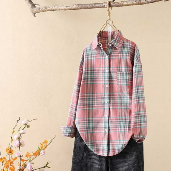 Tawop Long Sleeve Shirts for Women Button Down Plaid High-Low Casual Dress Shirts with Pockets,Red,Size S