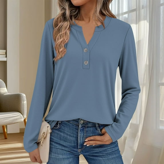 Tawop Long Sleeve Shirts for Women Dressy Casual Outfits Two Buttons Henley V-Neck Tops Blouses,Blue,Size M
