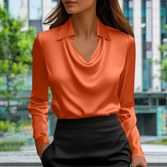 Tawop Long Sleeve Shirts for Women Round Neck Elegant,Orange,Size S