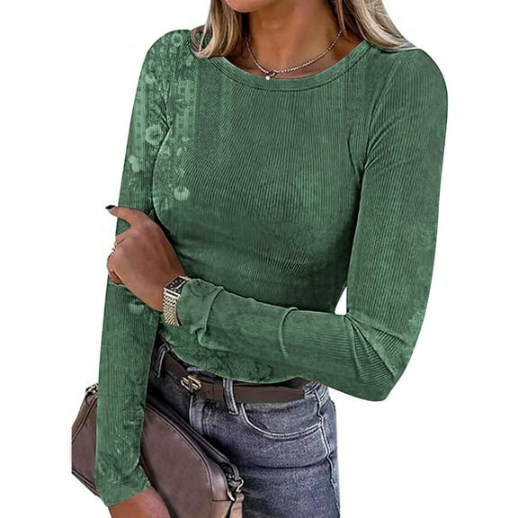 Tawop Long Sleeve Shirts for Women Round Neck Knit Stretch Printed Ribbed,Green,Size L