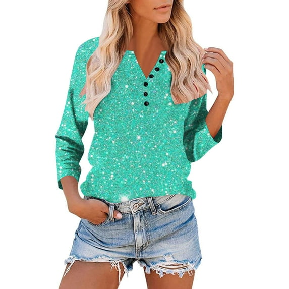 Tawop Long Sleeve Shirts for Women V-Neck Button Down 3/4 Sleeve Loose Fit,Multicolor,Size M