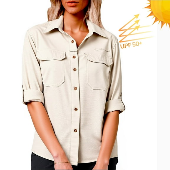 Tawop Long Sleeves Front Two Pockets Outdoor Quick-Dry Hiking Shirts,Beige,Size S