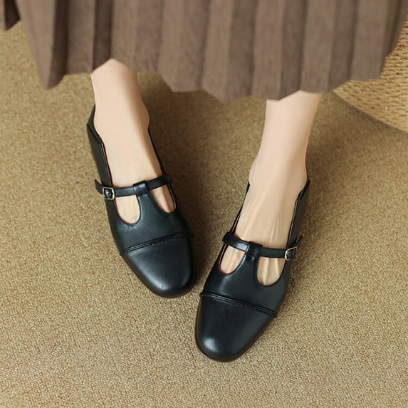 Tawop Black Mary Jane Shoes for Women Flats Leather Round Toe Soft Fashion Size 4.5