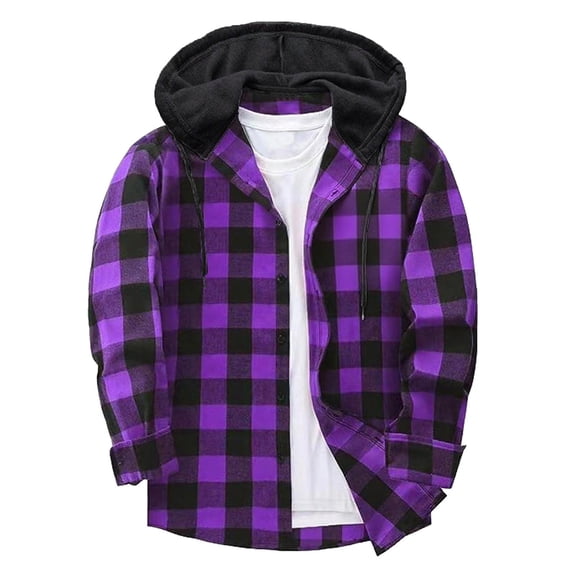 Tawop Men Casual Patchwork Fashion Plaid Hooded Button Long Sleeve Shirt Blouse