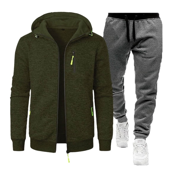Tawop Men Jacket Long Sleeve with Hood Casual Sports Solid Sets Mens Clothing,Green,M