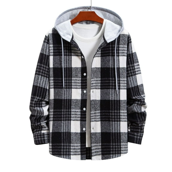 Tawop Men Jacket Long Sleeve with Hood Loose Casual Plaid Mens Gift,Gray,L