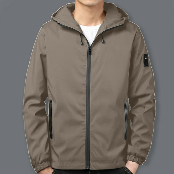 Tawop Men Jacket Wind Breaker Long Sleeve Zip with Hood Casual Solid Mens Gift,Brown,XL