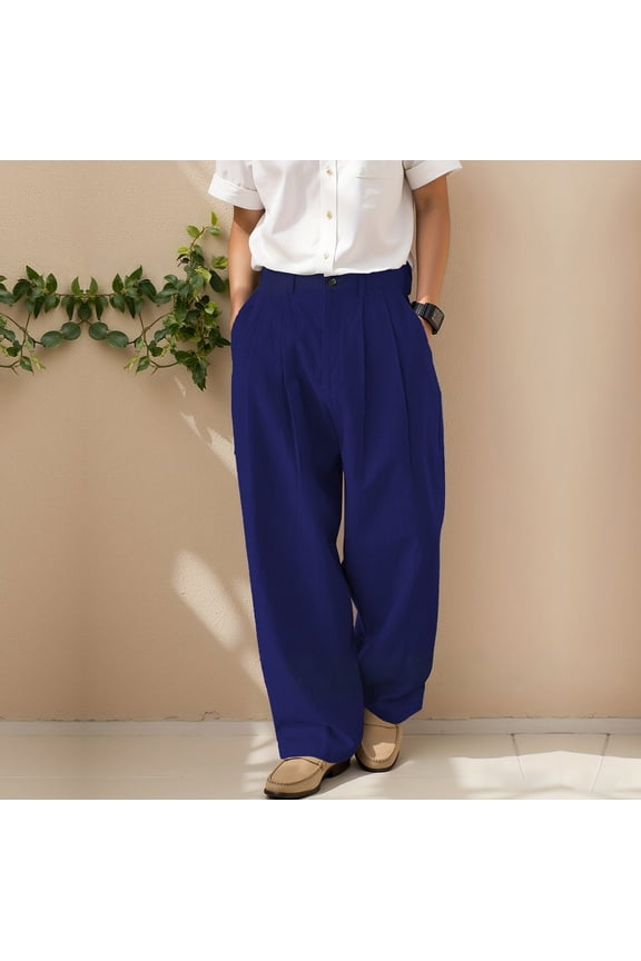Men Pants Men's Linen Double Pleated and Fashionable Trousers with Button Zipper and Multiple Pockets