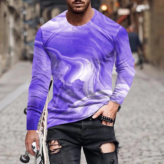 Tawop Men Shirts Crew Neck Long Sleeve Graphic Gradient Purple L