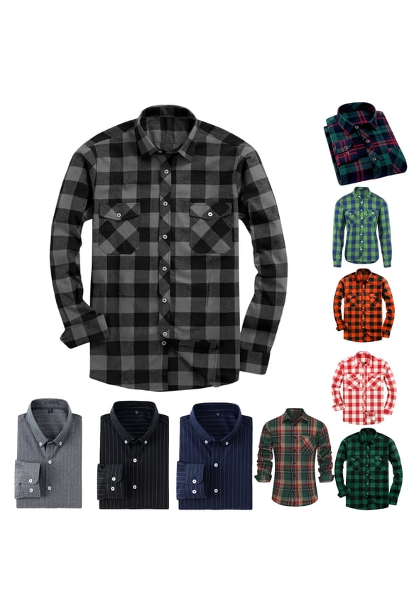 Men Shirts Plaid Casual Work Double Pockets Long Sleeve Button-Up Shirts ,Size 2XL